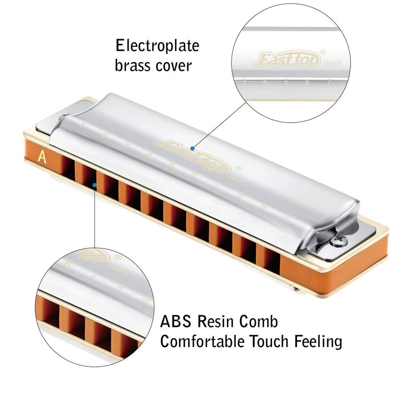 East top 10 Holes Professional Diatonic Blues Harmonica Key of A with Silver Cover, Probgrade Harmonicas For Adults, Professional Player and Students