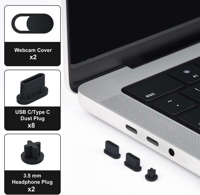 10PCS Dust Cover Port Plugs for MacBook Air 13" M2 M1 /MacBook Air 15.3" /MacBook Pro 13" M2 M1 /MacBook Pro 14" 16" M3 M2 M1, Dust Plug for USB C Thunderbolt,3.5mm Headphone & 2PCS Webcam Cover Slide