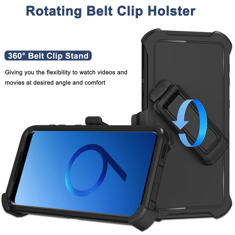 for Samsung Galaxy S9 Plus Case with Belt Clip Holster, 2X Screen Protector, Military Grade Protection Heavy Duty Full Body Shockproof Rugged Protective Cover for Samsung Galaxy S9+ Plus (Black) Black