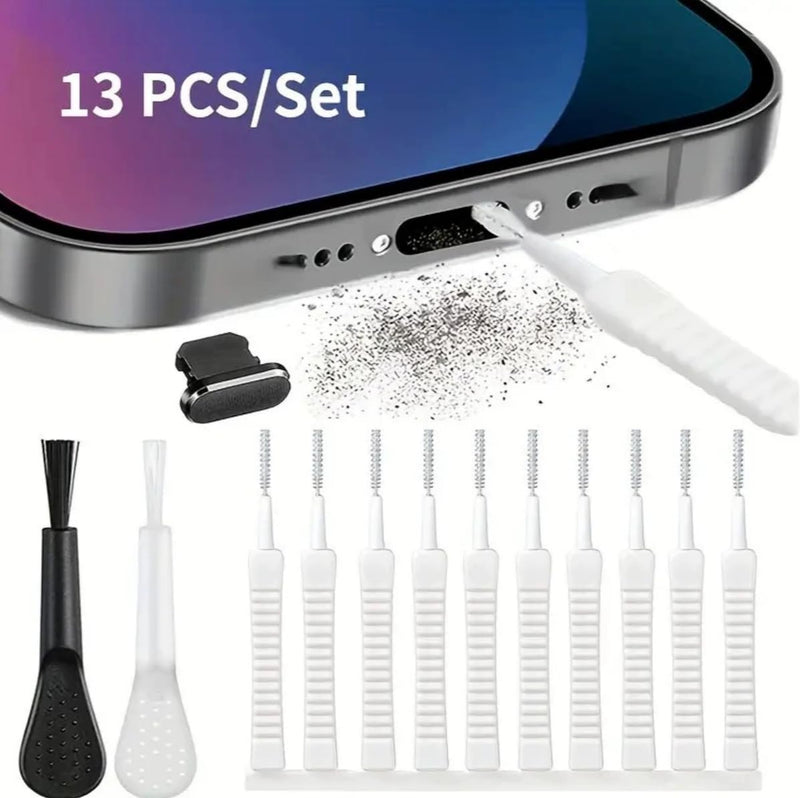 13Pcs Phone Charging Port Cleaner Kit Anti-Clog Dust Cleaning Brush Set | Multi Tool USB Speaker Dust Remover With Dust Plugs For iPhone Android Laptop Earphones
