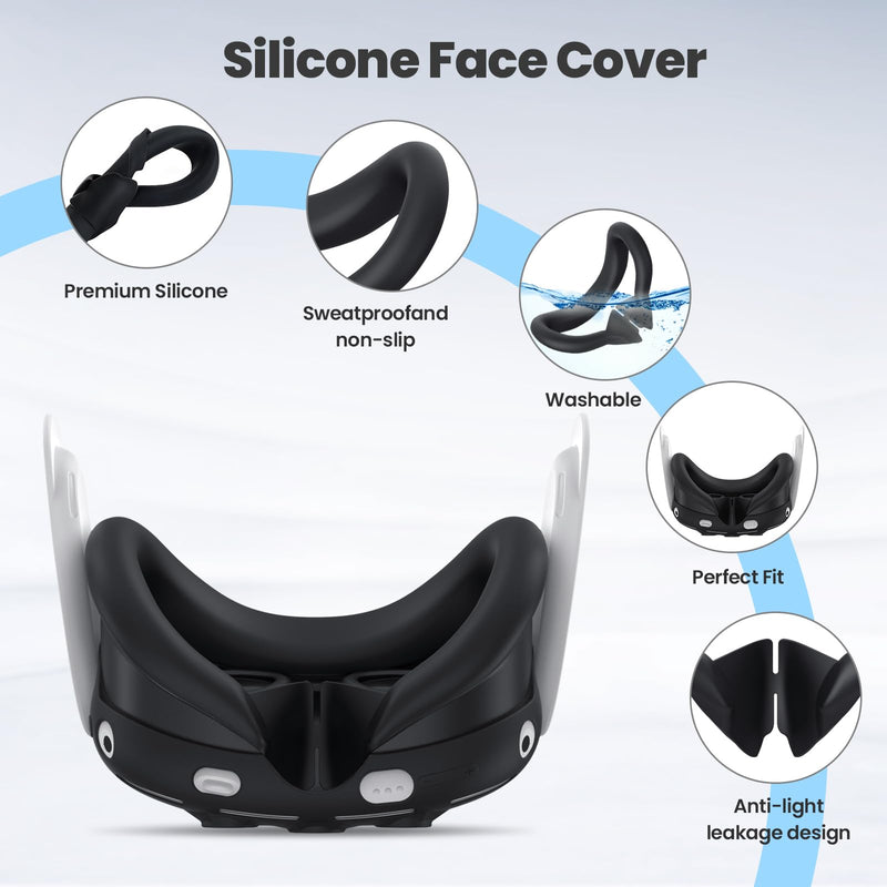 Silicone Cover Compatible with Meta/Oculus Quest 3 Accessories, VR Silicone Face Cover, VR Shell Cover,Touch Controller Grip Case,Camera Lens Protector Set (Black) Black