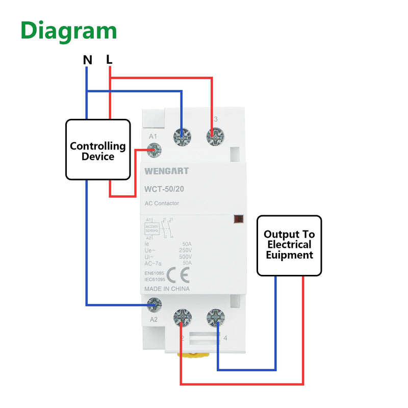 Wengart Compact AC Contactor WCT-50, White, AC230V, 50A, Built for Durability, Whisper Quiet Operation, Energy Saving, with Additional Functions for Household Appliances (2NO) 2NO