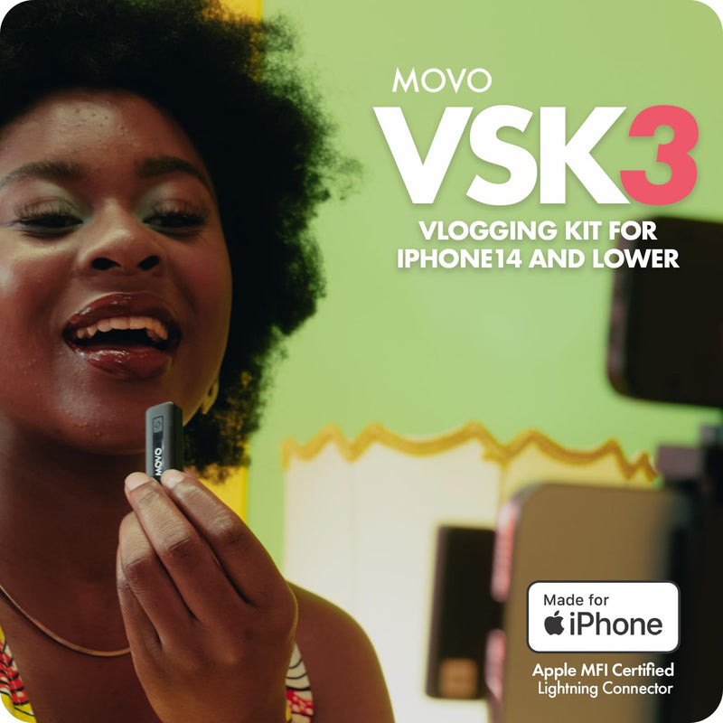 Movo VSK3 Wireless Vlogging Kit for iPhone: YouTube Starter Kit for Content Creators with Wireless Microphone, LED Light, Hand Grip & Mini Tripod - iPhone Vlogging Kit