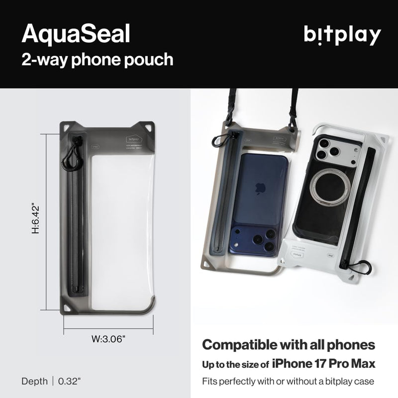 bitplay AquaSeal IPX8 2 Way Waterproof Phone Pouch, Outdoor Dry Bag with Adjustable Lanyard for Universal Phone Case, Horizontal and Vertical Wear, Cement Grey Dual-Orientation