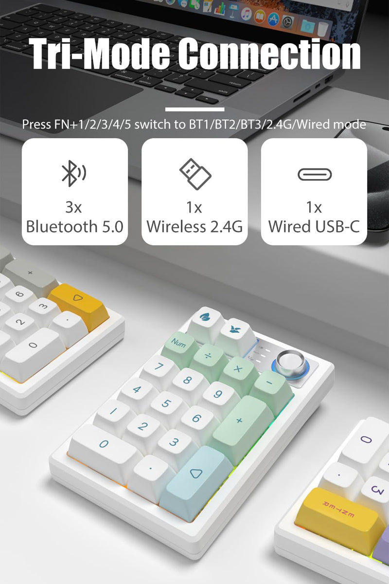 Gasket Creamy Mechanical Numpad Programmable Keypad RGB LED Backlit | Wireless 2.4G/Bluetooth 5.0/Wired USB-C Hot Swappable Macro Number Pad Rechargeable Numeric Keyboard Metal Knob for Win/Mac Mint