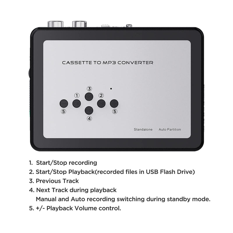Ezcap USB Cassette Tape to MP3 Converter, Digital Tape Player Cassette Capture Converts Tape to MP3 into USB Flash Drive, No PC Required No Bluetooth Black