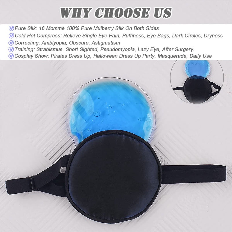 Ice Eye Patches for Puffy Eyes, Pure Silk Cooling Single Eye Patch Medical One Eye Mask Cover Cold Hot Therapy Strabismus Lazy Eyes Bags After Surgery Pirate Eyepatch Adult Kid (Black) Black