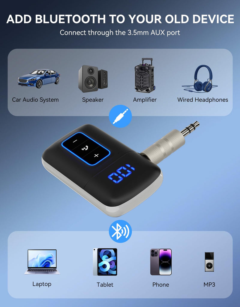 Bluetooth 5.3 Receiver for Car, [LED Screen] [Noise Cancelling] 3.5mm AUX Bluetooth Adapter, Wireless Audio Receiver for Wired Headphones/Home Stereo/Speaker, Music Playing, Hands-Free Call
