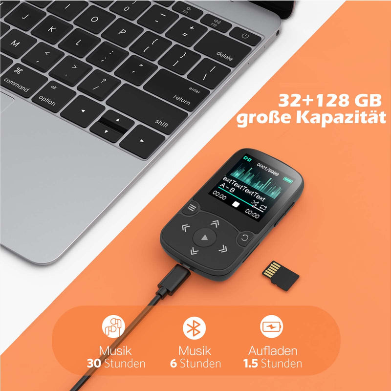 AGPTEK 32GB MP3 Player with Clip, Bluetooth 5.3 Lossless Sound with FM Radio, Voice Recorder for Sport Running, Supports up to 128GB TF Card, Black