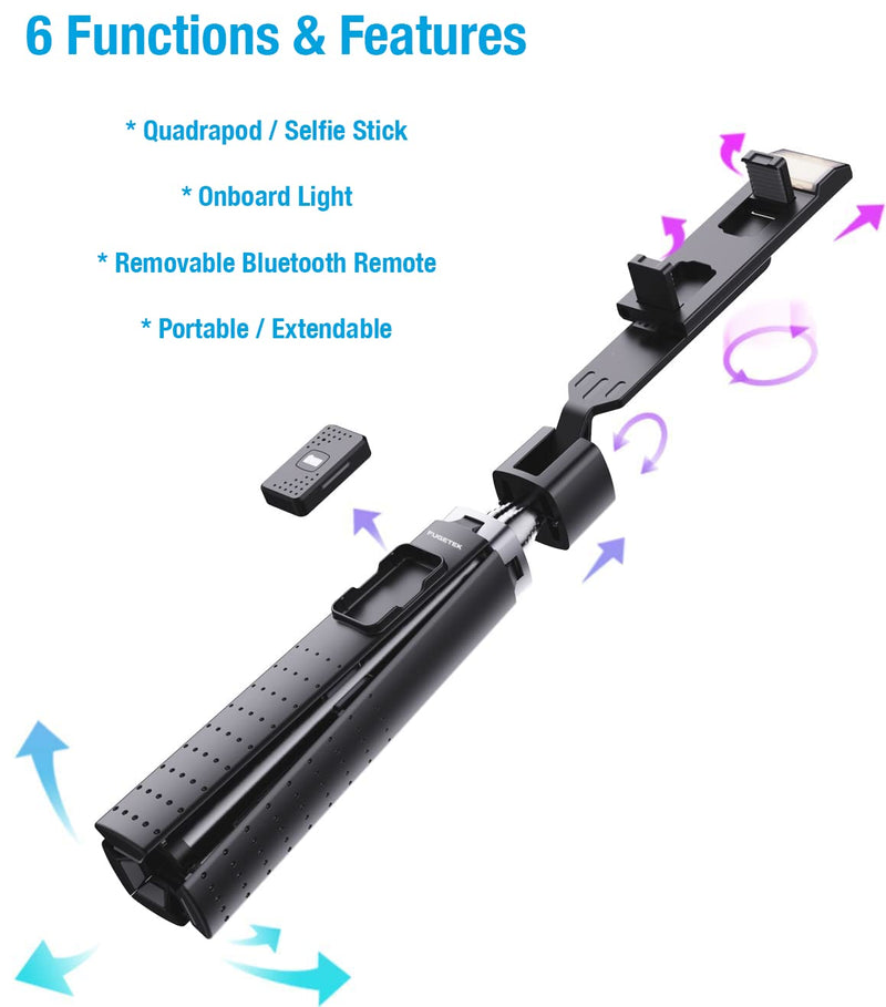 [AUSTRALIA] - Fugetek 40'' Quadrapod Lighted Selfie Stick Stand, Lightweight 7oz, Wireless Bluetooth Remote, Patented Ultra Stable 4 Legs, 3 Onboard Light Modes, Compatible with iPhone & Android (Black) Black 