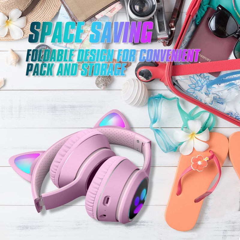 Mokata Gaming Bluetooth 5.0 Wireless Headphones Over Ear Cat LED Light Foldable Music Headset with AUX 3.5mm Microphone (Built-in) for Adult & Kids PC TV Game Music Pad Laptop Cellphone Pink Bluetooth Wireless