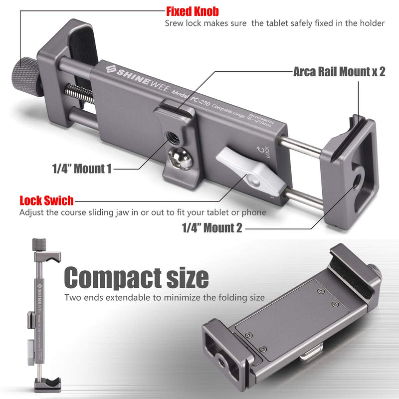 SHINEWEE Full Metal Tablet Tripod Holder - Compatible with iPad mini/Air/Pro | 1/4" Screw & Arca-Swiss Dovetail Mounts | Universal Tablet Clamp Adapter