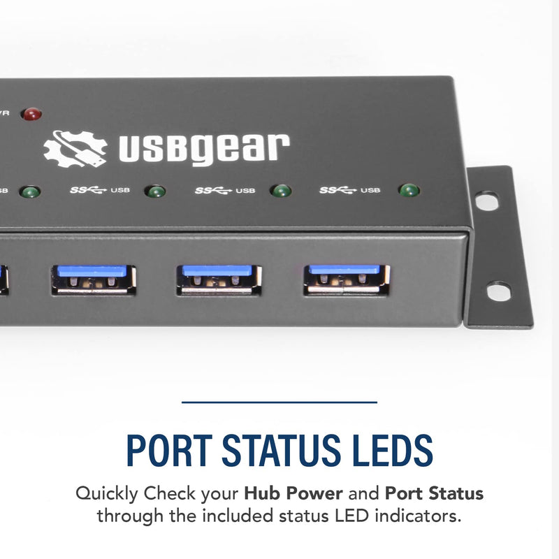 USBGear Compact 4-Port USB Hub, USB 3.2 Gen 1 Data High-Power Hub w/Power Adapter, Port Status LEDs, 5 Gbps Data, Surface Mountable
