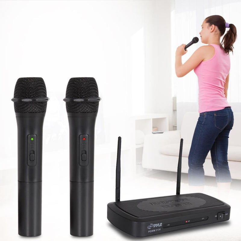 Pyle Dual Channel Wireless Microphone System - Dual Frequency Wireless Mic Receiver Set with 2 Handheld Dynamic Transmitter Mics, Receiver Base - PA, Karaoke, Dj Party - PDWM2130