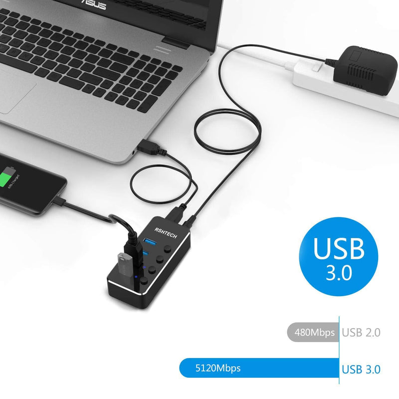 RSHTECH 4 Port Powered USB 3.0 Hub with 5V Adapter + ROSONWAY 4 Ports USB 3.1 Gen 2 Hub 10Gbps with 5V Power Adapter