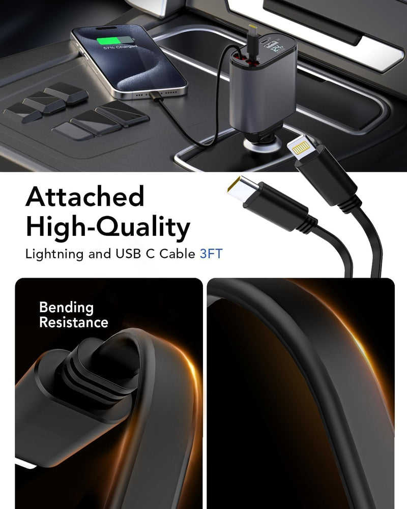 Retractable Car Charger, 4 in1 Fast Car Phone Charger 120W, 2.7Ft Retractable Cables and 4 Electronic Ports, Car Charger Compatible for iOS & Android Cell Phones All Device Charging