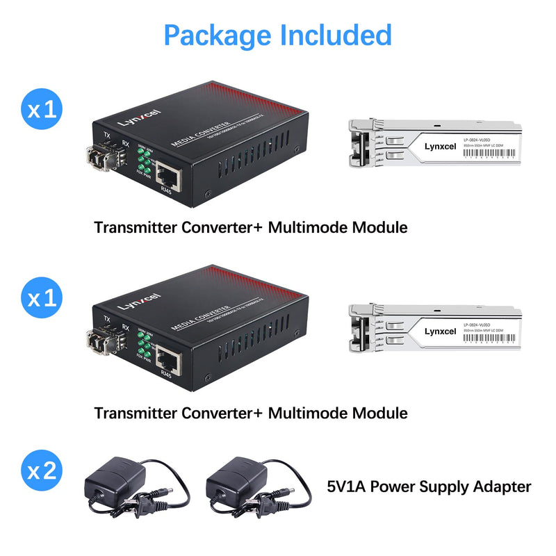 Gigabit Multimode LC Fiber Media Converter, SFP to RJ45 Converter | 10/100/1000Base-TX to 1000Base-SX SFP to RJ45 Converter with 1.25Gbps Dual LC Modules, MMF 850nm, up to 550m, 2 Pack Gigabit Multimode LC 550m (2Pack)
