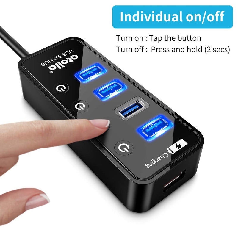 Powered USB Hub, atolla 4-Port USB 3.0 Hub with 4 USB 3.0 Data Ports and 1 USB Smart Charging Port, USB Splitter with Individual On/Off Switches and 5V/3A Power Adapter