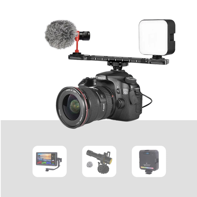 Dual Cold Shoe Mount Bracket, Camera Cold Shoe Extension Mount Aluminum Alloy Dual Cold Shoe 1/4"-20 Thread Holes Cable Slot for Flash LED Video Light Microphone Camera Camcorder
