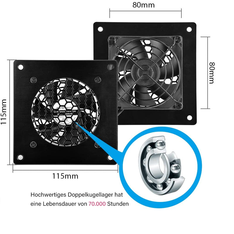 euroharry 80 mm Digital Display, Temperature-Controlled Quiet Fan System, 1 x Temperature Controlled + 1 x USB Fan, 5 V Fan with Modern Brushed Black Aluminium Frame for Home Cinema AV Cabinets