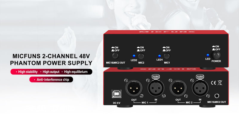 MC New 2 Channel 48V Phantom Power Supply with 3.5mm Audio Cable to Connect Audio Interface for Condenser Microphone Music Recording Equipment (MC2-new red) MC2-new red