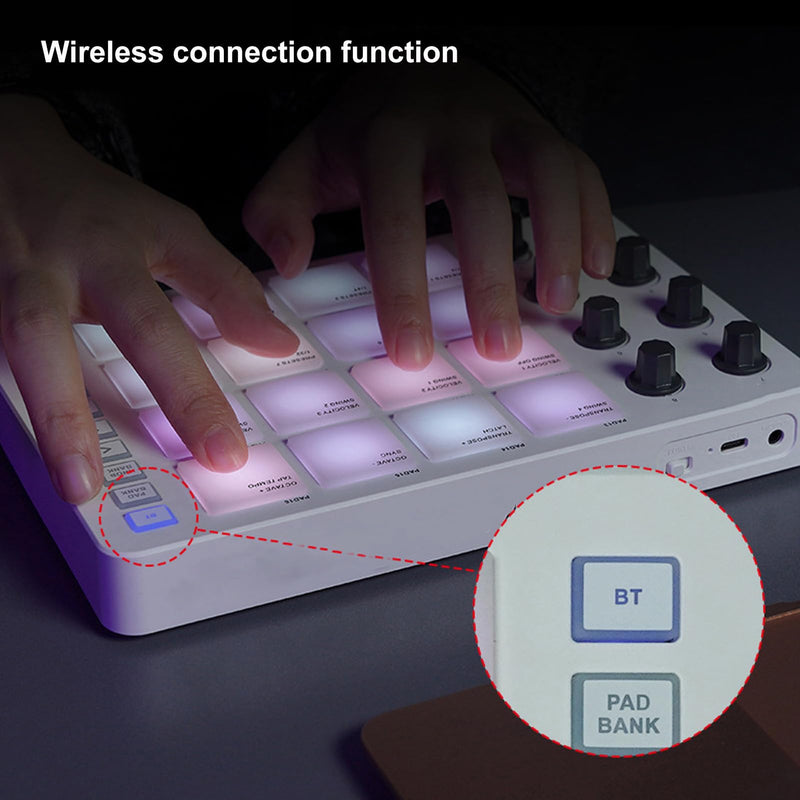 MIDI Pad Controller, Portable SMC PAD Bluetooth MIDI Controller with 16 RGB Backlit Pads, 8 Assignable Knobs, Note Repeat, Full Level Buttons, 3.5mm MIDI Output