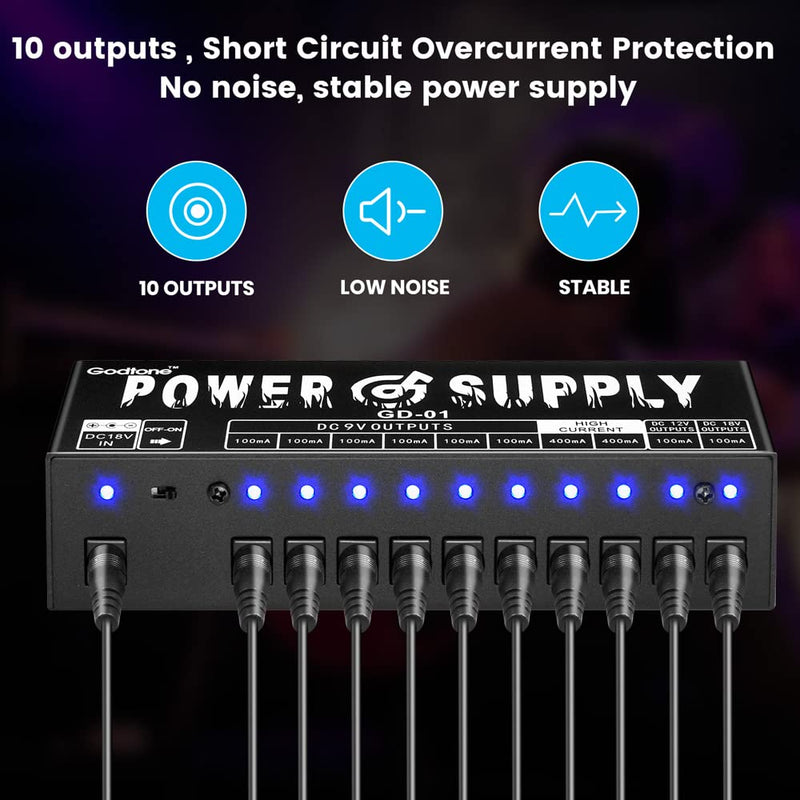 Guitar Pedal Power Supply 10 Isolated DC Outputs for 9V/12V/18V Guitar Effect Pedal GD-01