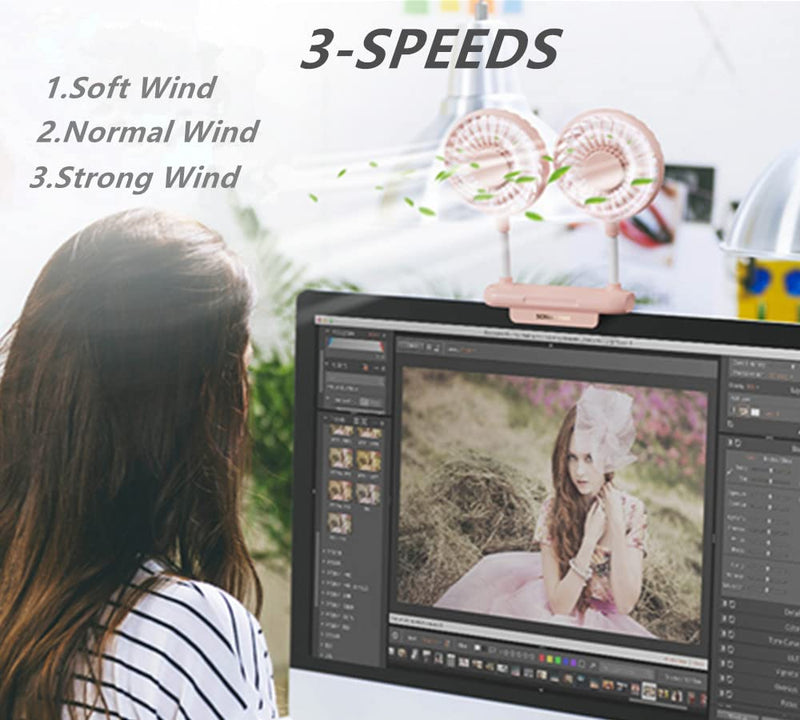 Monitor Fan, THRRLY Screen Fan with 2 Fans, 3 Speeds Desktop Table Cooling Fan with Sturdy Adjustable Clamp, Strong Wind Quiet Small Desk Fan USB Powered Mini USB Fan for Office Laptops, Desktop PC. White