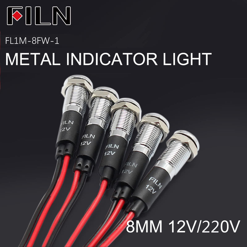 FILN 5 pieces 8 mm (5/16 inch) 12 V LED indicator light, waterproof pilot signal lamp, alarm light, metal panel lights (black, anodised, red5 pieces) red Schwarz eloxiert-12V-5pcs