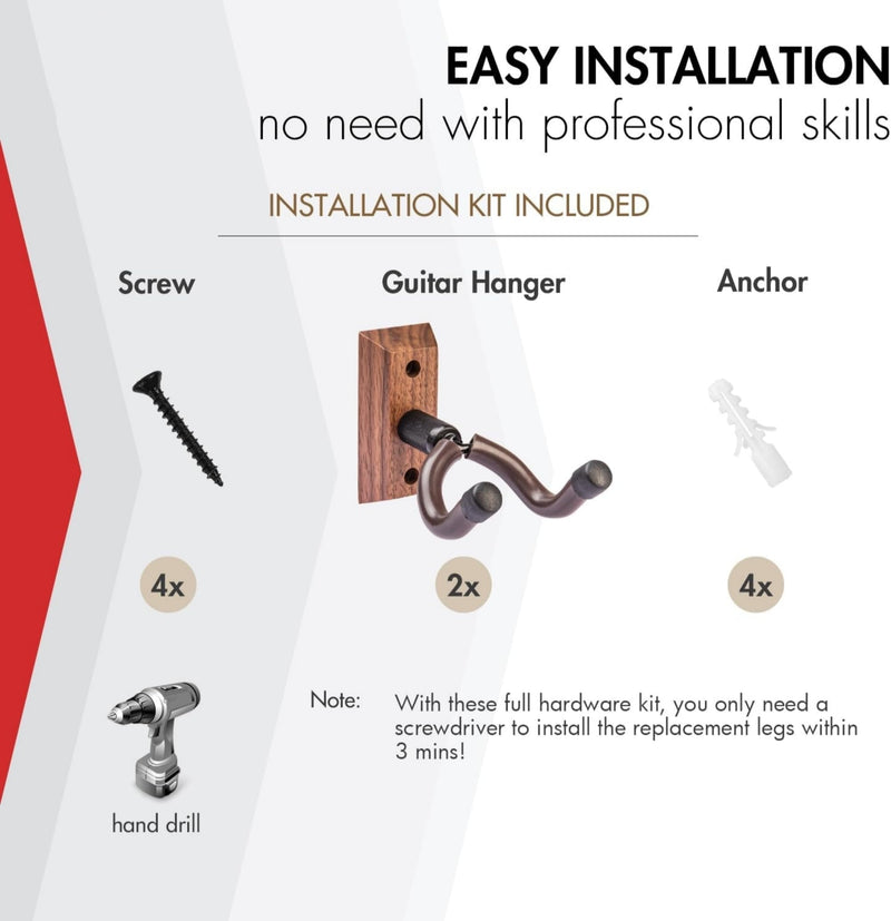 [AUSTRALIA] - Guitar Wall Mount Hanger Brown Walnut 4 Pack, Guitar Wall Hangers Hooks Holder Stand Display with Screws - Easy to Install - Fits Guitars, Bass, Mandolin, Banjo 