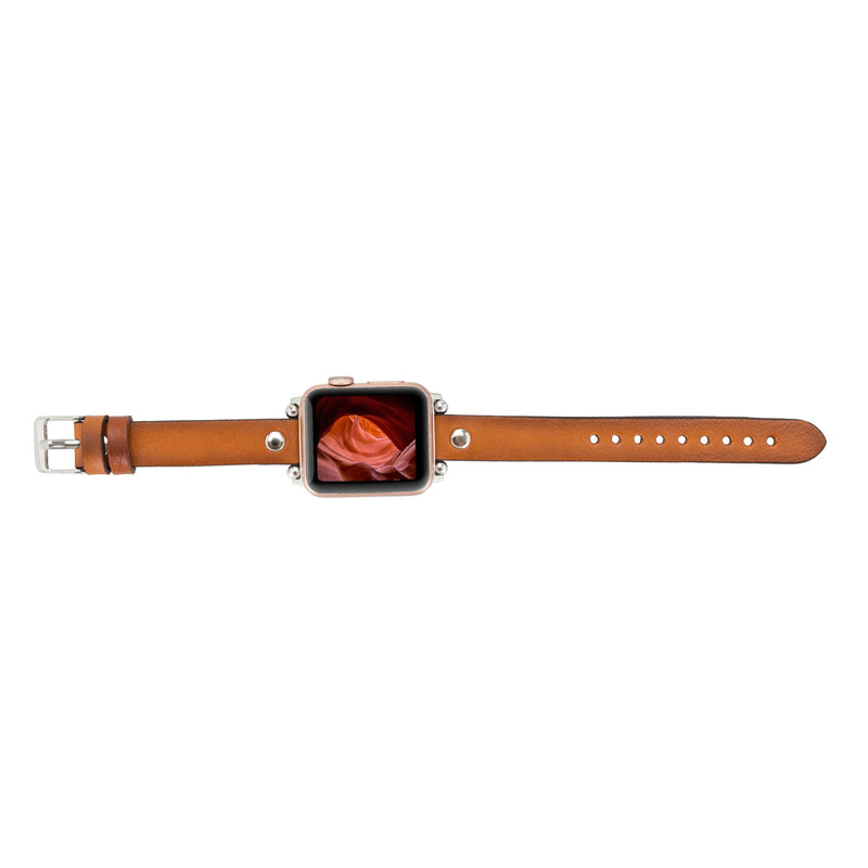 Handmade Leather Watch Band for Apple Watch Series 9 8 7 6 5 4 3 2 1 SE Ultra 2 1 Compatible with 38 40 41 42 44 45 49mm Apple Watch Bands for Women & Men 7-9 Inches Size, Burnished Brown 38 40 41mm Lemon Grass w/Silver Connector&Clasp 41mm/40mm/38mm