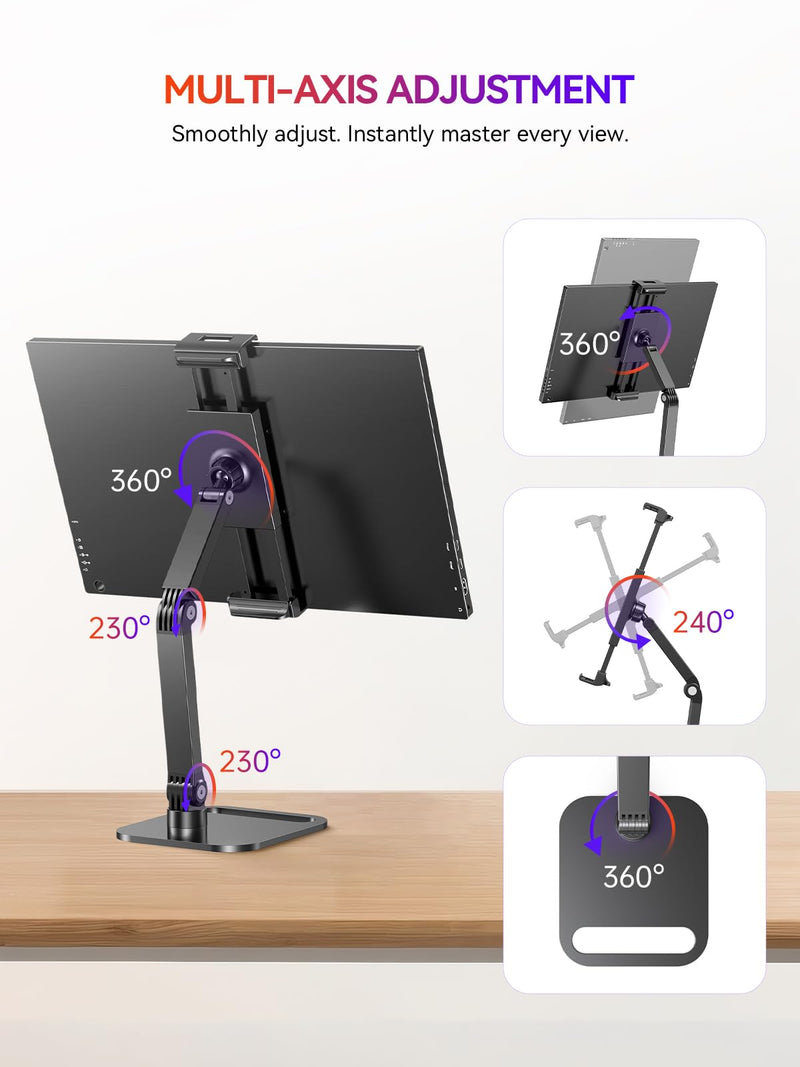 UPERFECT Portable Monitor & Tablet Stand, Heavy-Duty Carbon Steel Mount | Adjustable Clamp, Fits 4.7–19" Devices, 360° Rotation, Foldable Desk Mount for iPad, Phone, Tablet & Travel Use 19 inch