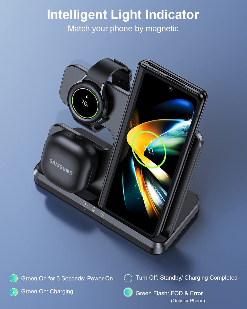 ZUBARR Wireless Charging Station for Samsung 3 in 1 Wireless Charger for Galaxy Z Flip 4/3 Z Fold 4 S22 S21 S20 Note20 Compatible with Samsung Watch Charger for Galaxy Watch 5/4/3, Galaxy Buds, Black