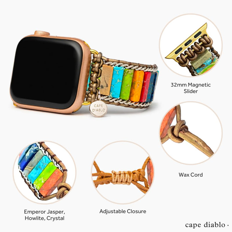 Cape Diablo Smart Watch Strap - Genuine Energy Crystal Band - Healing & Balancing, Crystal Chakra Stone, Beaded Watch Bracelet - for Apple Models 4, 5, 6, 7, 8, 9, SE - 38mm-45mm Chakra Energy