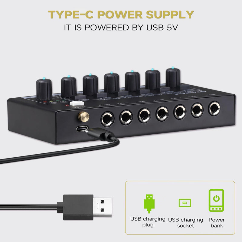 Mini 6-Channel Audio Mixer with 7 pcs 6.35mm to 3.5mm Adapter Jack, Stereo Line Mixer for Sub-Mixing, Multi-Input (Mic/Guitar/Keyboard/Bass), Powered by 5V DC