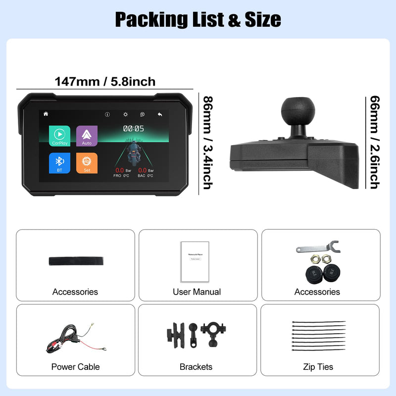 CAMECHO Portable Car Play Screen for Motorcycle, Wireless CarPlay & Android Auto for Motorbike, 5" IP68 Waterproof Touch Screen Motorcycle GPS Navigation System,Bluetooth, Support Siri USB TF EQ 12V 5 Inch+Tire Pressure