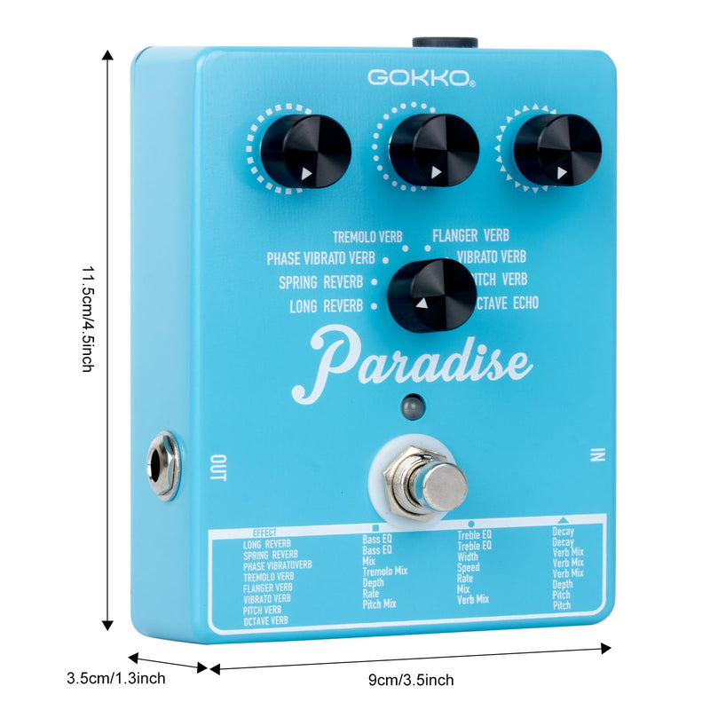 Paradise Multi-Reverb Pedal - 8 Reverb Effects with EQ & Modulation Controls | Versatile Sound Shaping for Guitar & Bass | 9V DC Power Supply