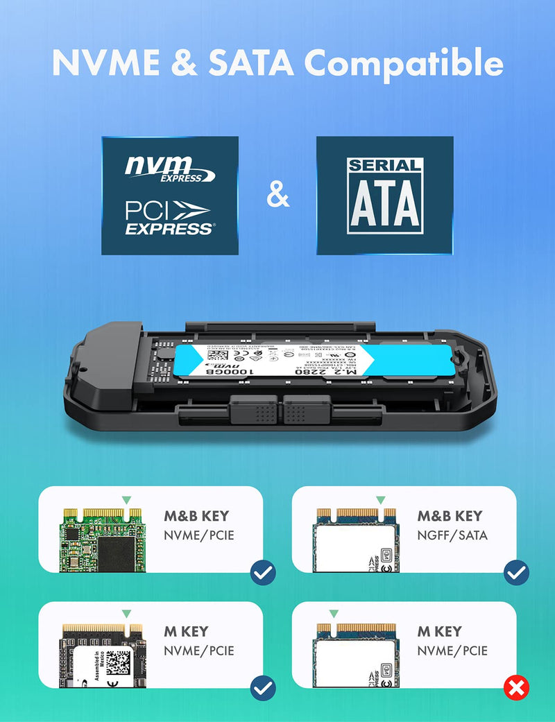 GRAUGEAR 10Gbps M.2 NVMe SATA SSD Enclosure Adapter, Tool-Free USB3.2 Gen2 External SSD Case, USB C to USB C/USB A Cables, M Key, B+M Key, RTL9210B for Size 2230/2242/2260/2280[G-M202-AC-10G]
