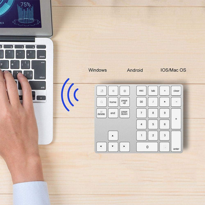 ASHATA Wireless Numeric Keypad,34 Keys Mini Portable Bluetooth Numpad,Ergonomic Bluetooth Numeric Keypad Aluminum Alloy HUB Type-C USB 3.0 Numeric Pad for Windows (Silver) Silver
