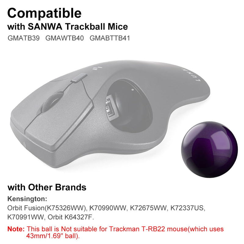 SANWA 2PCS 40mm/1.57in Trackball Replacement Ball for GMAWTB40, GMABTTB41, GMATB39, Kensington Orbit Fusion, and Other Compatible Trackball Mice, Glossy Purple + Black
