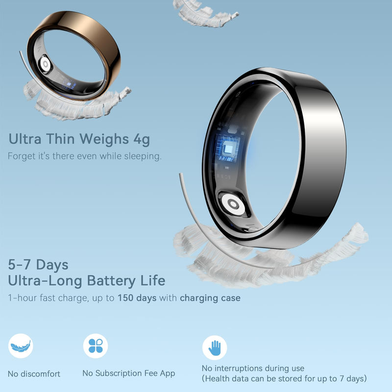 2026 Smart Ring For Women & Men, Sleep Health Fitness Tracker, No APP Fee | Track Sleep, Heart Rate, Blood Oxygen and Stress with Lightweight Smart Ring, 5-7 Days Battery Life, iOS & Android Compatible Black 12 Metallic