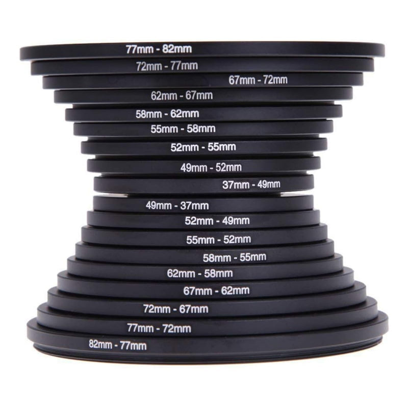 [AUSTRALIA] - Step Up Rings 18Pcs Metal Filter Ring Adapter Set - 9pcs Step Up + 9pcs Step Down Rings (37-82mm), Compatible with Digital SLR Cameras 