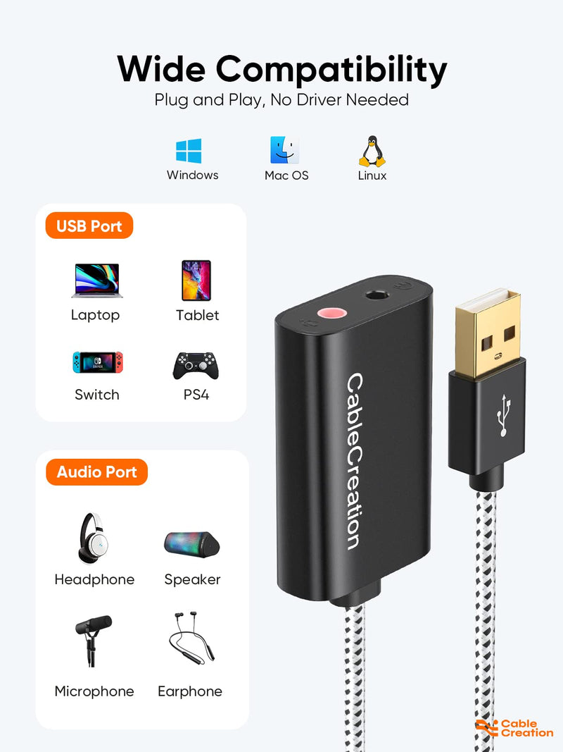 CableCreation 2 Pack USB Audio Adapter External Sound Card with 3.5mm + Mic | Headphone and Microphone Jack Compatible with Windows, Mac, macOS, Linux, PS4, PS5, Plug and Play, Aluminum Black Black USB 2.0*2 2-Pack