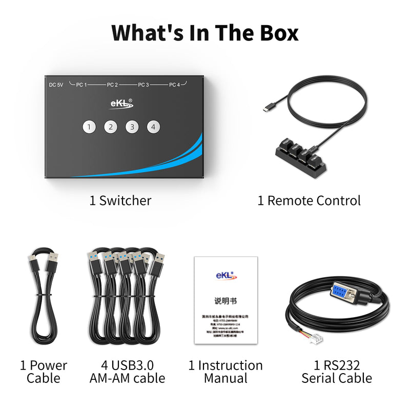 [AUSTRALIA] - eKL USB 3.0 Switch 4 Computers Sharing Mouse Keyboard Printer Scanner, 4 Port USB Switcher with RS232 Serial Switching, Remote Controller, 3.5mm Mic & Headset Audio Jack, 4 USB 3.0 Cables Included USB3.0 with remote and RS232 cable 