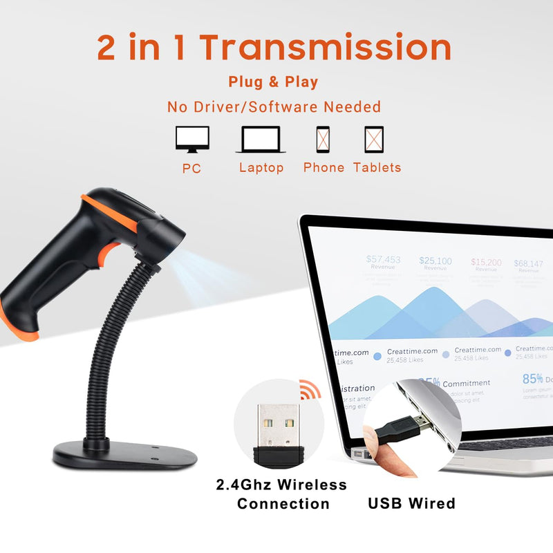 [AUSTRALIA] - Tera Barcode Scanner Wireless 1D Laser Cordless Barcode Reader with Battery Level Indicator, Versatile 2 in 1 2.4Ghz Wireless and USB 2.0 Wired with Stand Model 5100-Z 