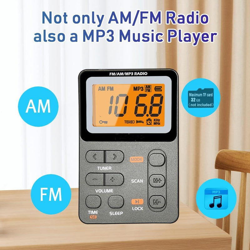 [AUSTRALIA] - Portable Radio AM FM, Rechargeable Pocket Radio with Best Reception Digital Tuning, MP3, Stereo Earphone, Large LCD Screen, TF Card Socket, Transistor Radio for Jogging/Gym/Camping (Grey) Grey 