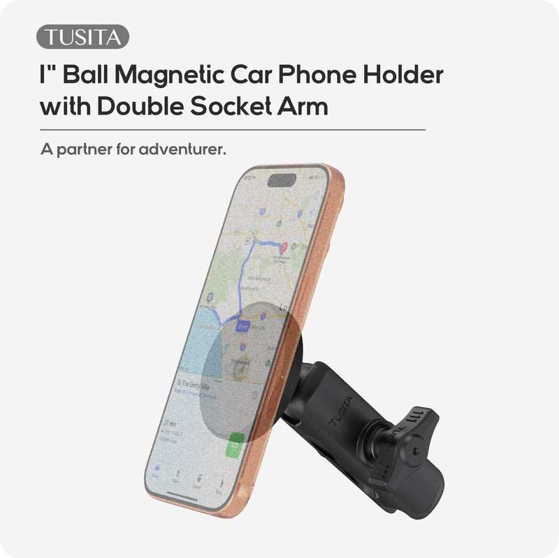 TUSITA 1" Ball Magnetic Car Phone Holder with Double Socket Arm Compatible with iPhone Magsafe, for Ram Mount B Size Base