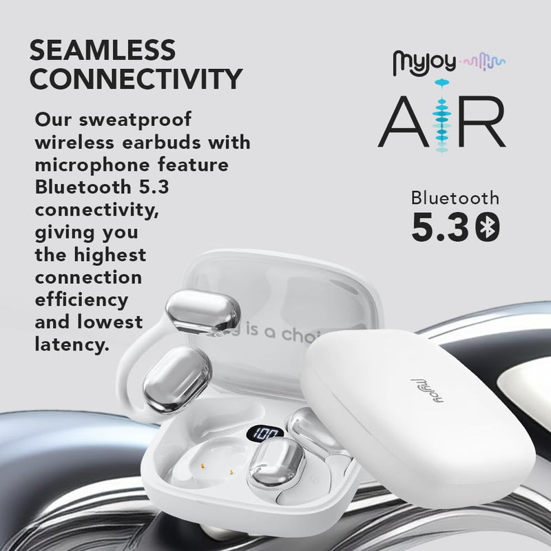MyJoy Air Open Ear Earbuds, Wireless Bluetooth Open Earbuds Over The Ear Headphones with Microphone for Work & Workouts, Sweatproof Multi-Touch Open Earphones with LCD Panel Display, White