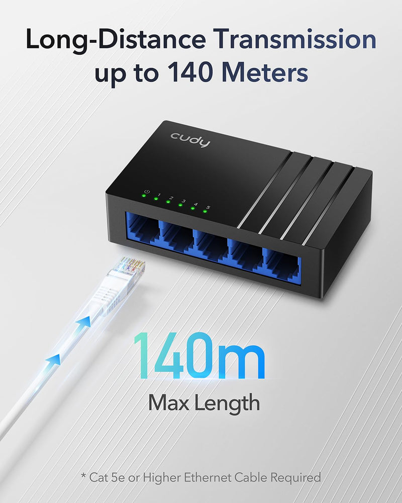 Cudy 5 Port Gigabit Compact Unmanaged Ethernet Switch, GS105D | 5x GbE RJ45, 10 Gbps capacity, 7.44 Mpps, 140m reach, IGMP snooping, silent plastic body, tabletop/wall install, 1.2W max
