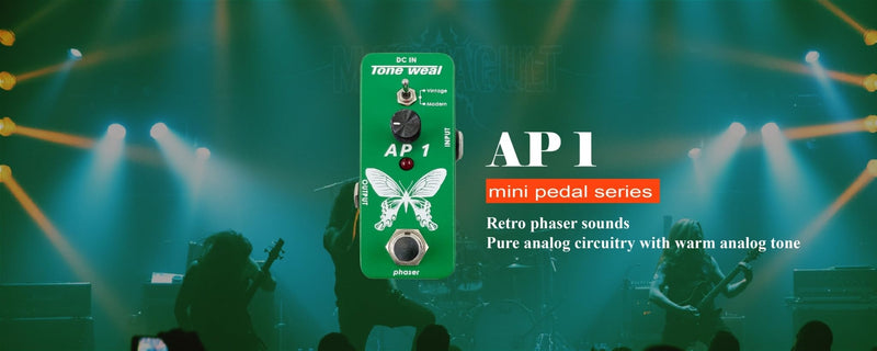 MINI Pedal Series—AP1 delivers warm, vintage phaser tones with speed control and two selectable waveforms. It was designed and made in Taiwan.